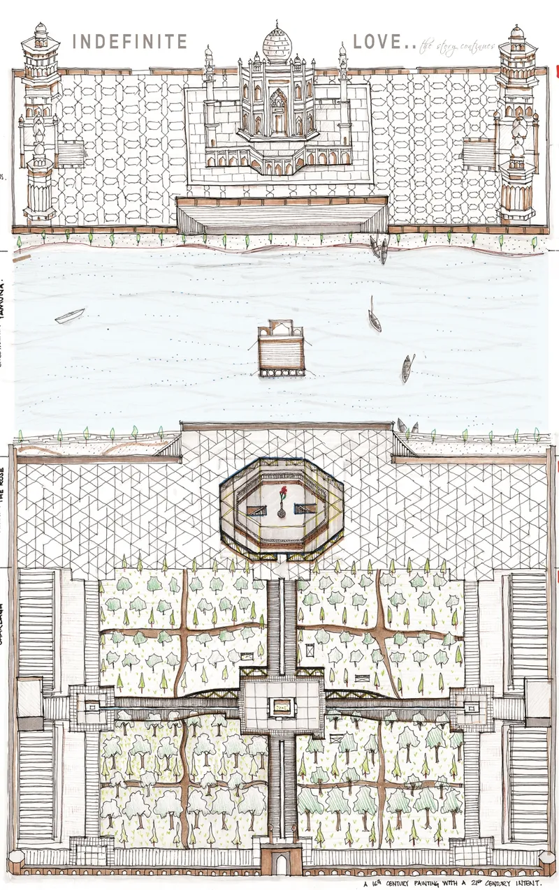Elevation and plan drawings showing a symmetrical complex with gardens, a central octagonal pool, and corner pavilions