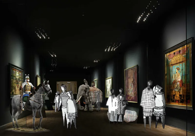 Museum gallery interior with black walls displaying illuminated artifacts and visitors moving through the space
