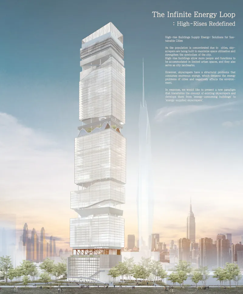 Rendering of a stacked tower with translucent glass facades floating above a landscaped base at dusk