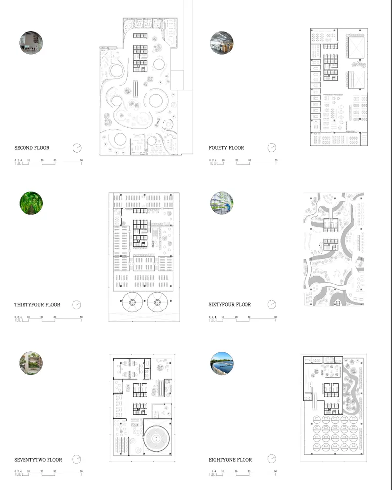 Floor plan drawings showing six levels with varied amenity spaces and outdoor terraces