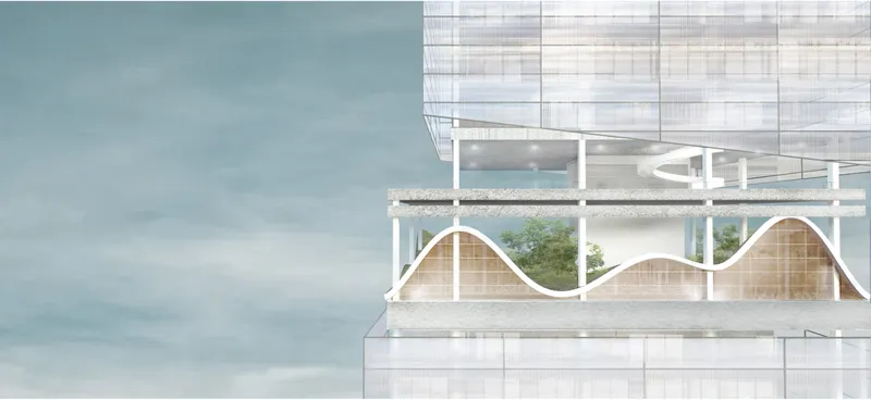 Section detail of a cantilevered terrace with undulating timber vault ceiling and white structural columns