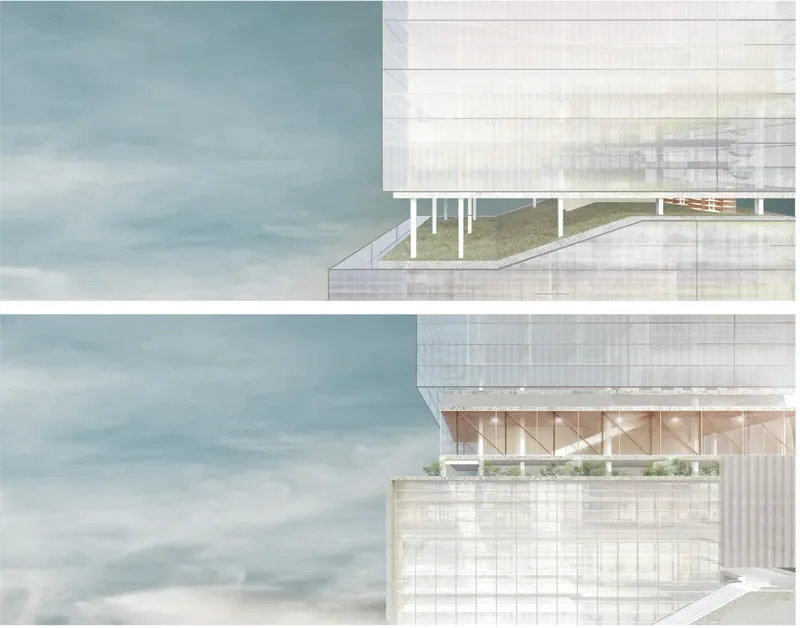 Rendered detail views of planted terrace decks framed by white columns beneath translucent facades