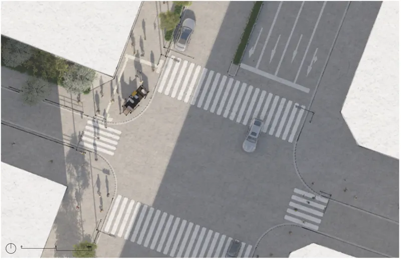 Plan view drawing showing intersection crosswalks with a circular kiosk element and street trees