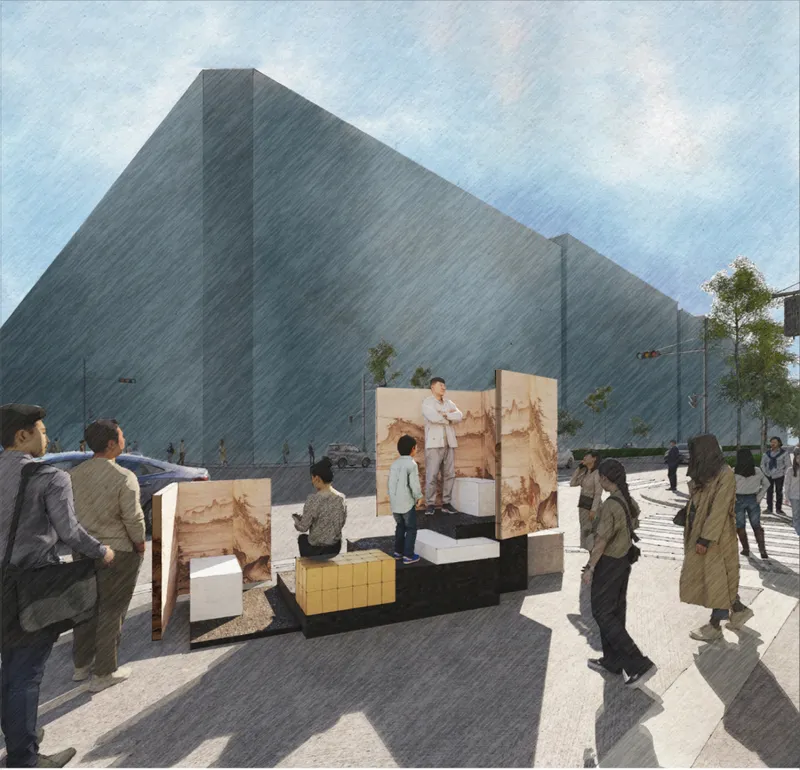 Street-level rendering of timber display panels and seating modules with pedestrians gathering in sunlight