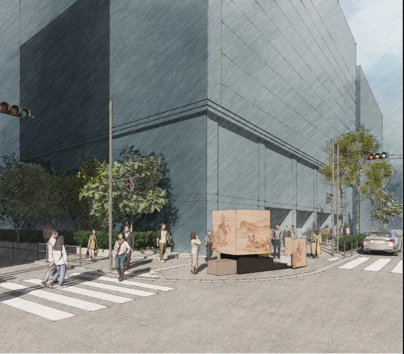 Corner view rendering of the timber kiosk structure at a crosswalk with pedestrians and planted trees
