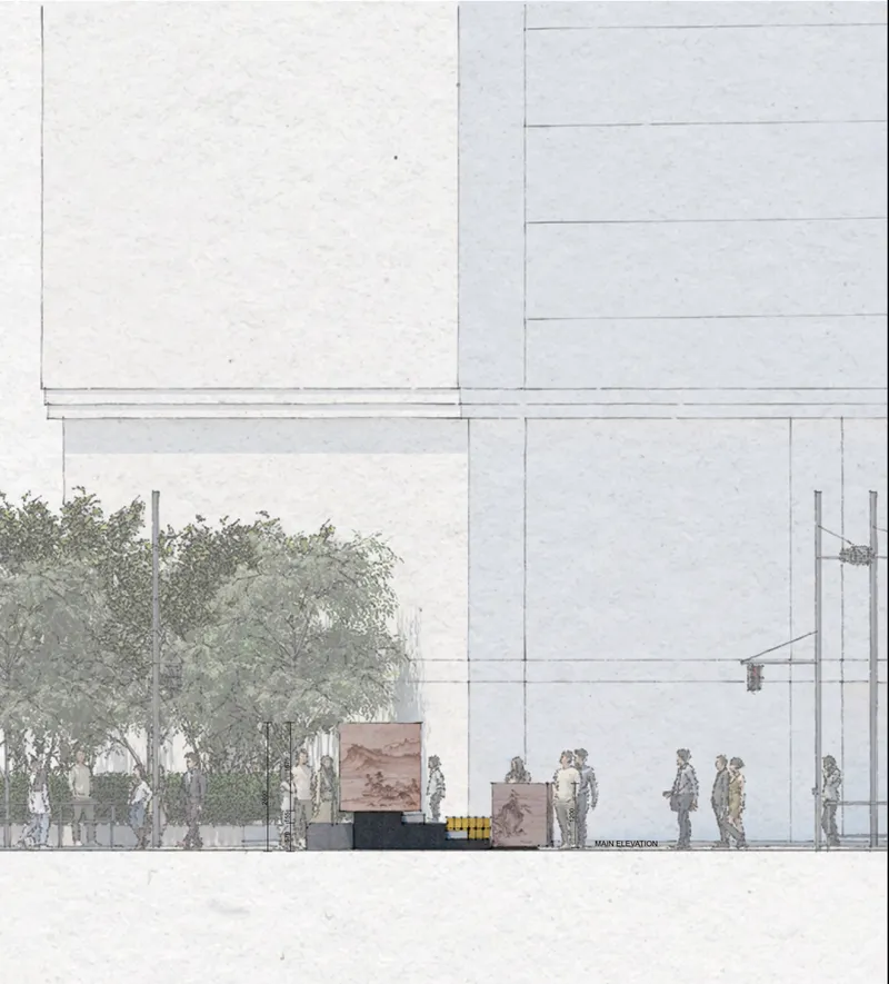 Elevation drawing showing the kiosk structure with trees and pedestrian figures at street level