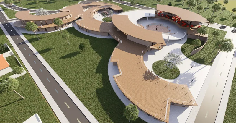 Aerial rendering of the curving complex with interconnected courtyards and timber roofs amid palm trees