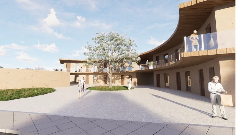 Courtyard view with curved timber eave, enclosed walkway, tree and figures under scattered clouds
