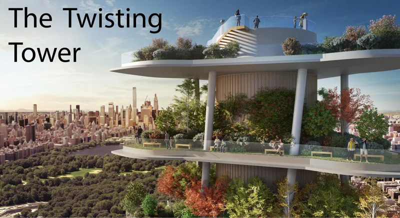 Stacked planted terraces on white cylindrical columns overlooking a park and distant skyline at sunset