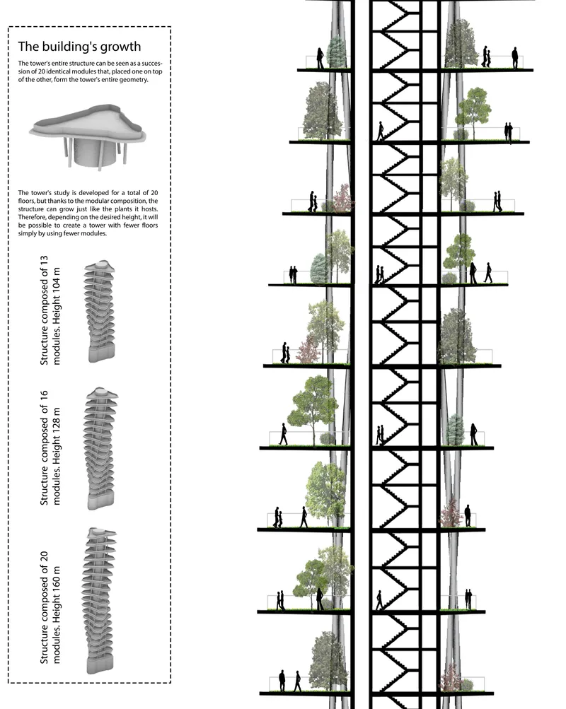 Section drawing showing rotating floor plates with trees around a central diagonal structural core
