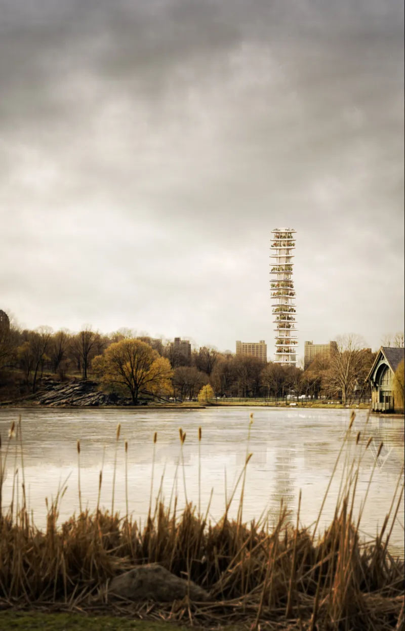 Tall tower viewed across a lake with cattails in the foreground under overcast autumn skies