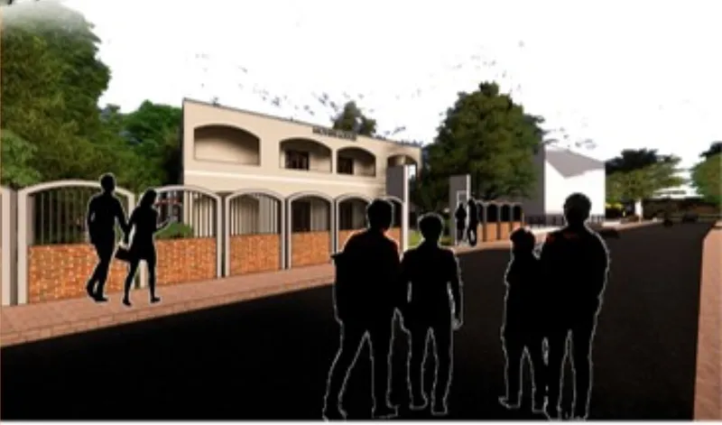 Rendering of a cream-colored building with arched openings viewed from a street corner with pedestrians in silhouette