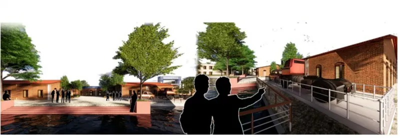 Perspective rendering showing a public plaza with brick buildings, trees, and pedestrian figures silhouetted in black
