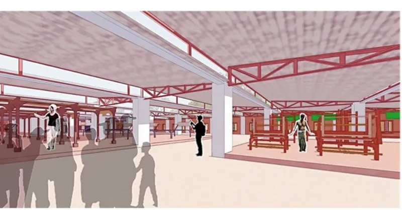 Interior rendering of an open hall with exposed red steel trusses, white columns, and pedestrians