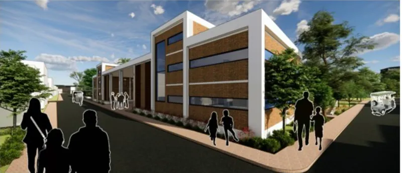 Street-level rendering of a long building with horizontal striped facade panels and silhouetted pedestrians under blue sky