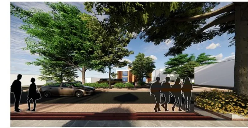 Rendering of a tree-lined street approach with parked vehicles and pedestrians walking toward low-rise buildings