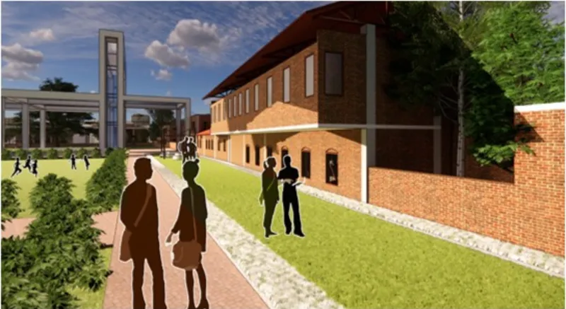Campus rendering showing a two-story brick building with arched windows along a paved walkway under partly cloudy sky