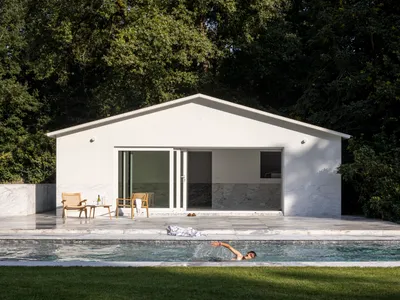 Garden No. 2 House in Limburg: Marble-Clad Garden Pavilion and Pool by Camarim Arquitectos