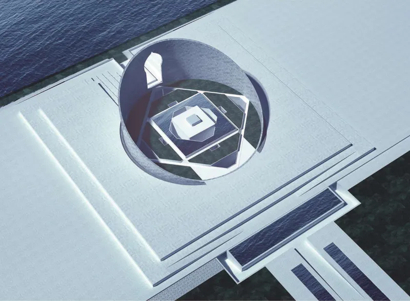 Aerial view of the circular stepped courtyard descending toward a central pool adjacent to water