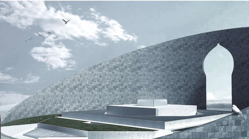 Textured masonry wall punctured by an arched opening with birds flying overhead in cloudy sky