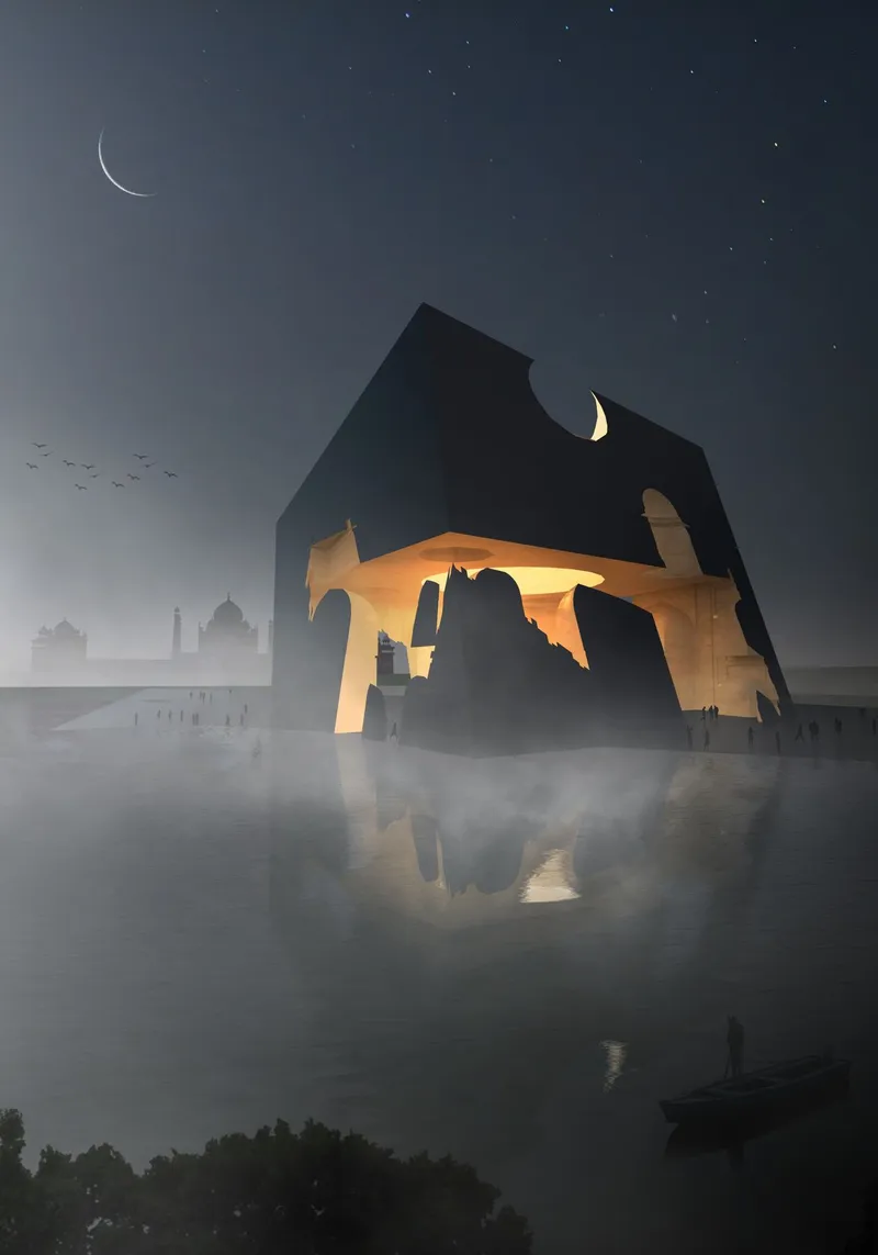 Illuminated carved facade with arched openings reflected in still water beneath a crescent moon and starry night sky