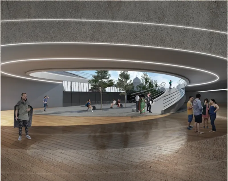 Interior courtyard with a circular skylight above a spiraling ramp and timber floor with visitors gathered below