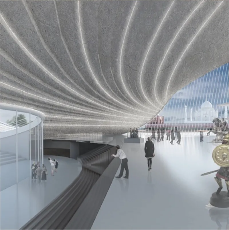 Interior hall with radiating ribbed concrete ceiling and cascading stairs descending through multilevel gallery space