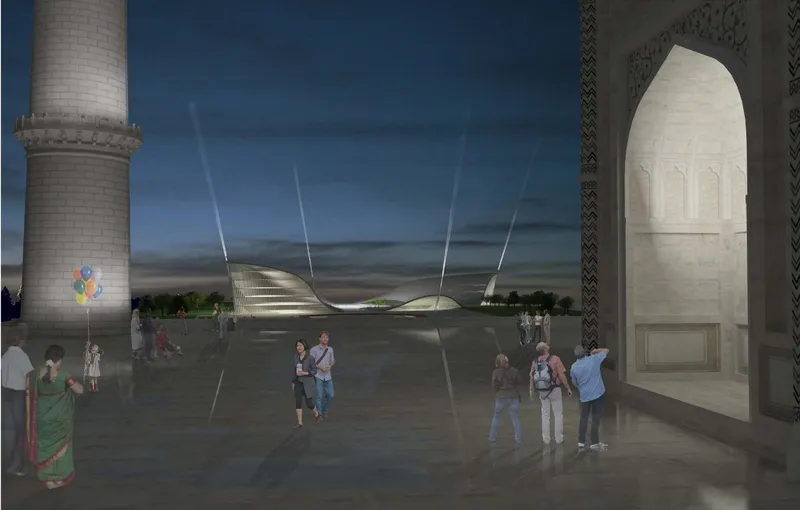 Rendering of a curved metallic roof structure framed by an ornate archway at dusk with visitors walking below