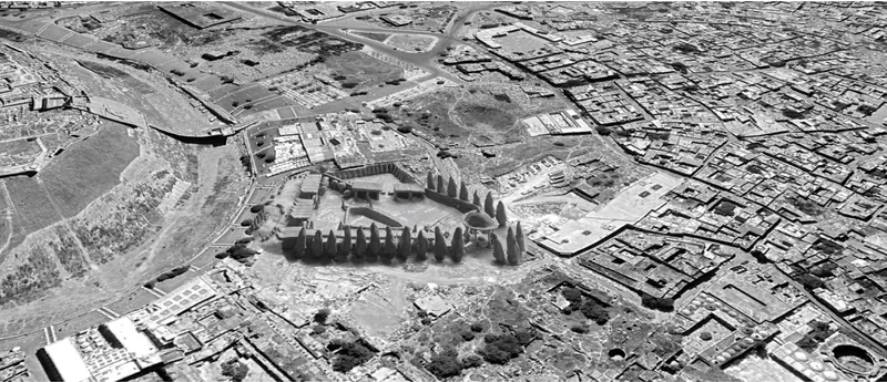 Aerial photograph of the domed and vaulted structures surrounded by urban fabric and agricultural fields