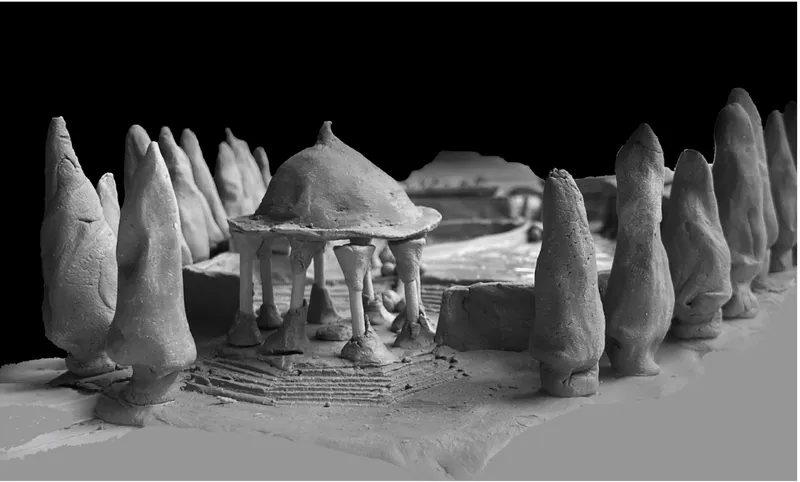 Physical model of a domed pavilion surrounded by cypress-like forms and stepped platforms under directional lighting