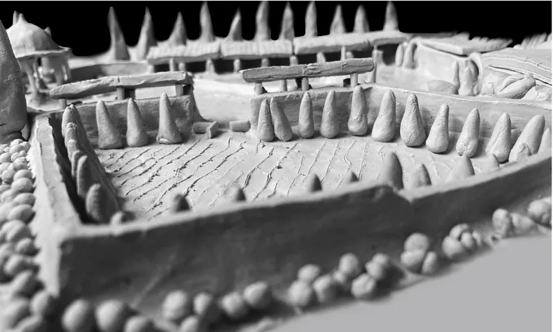 Physical site model showing terraced platforms with conical trees and tiled ground plane in white plaster