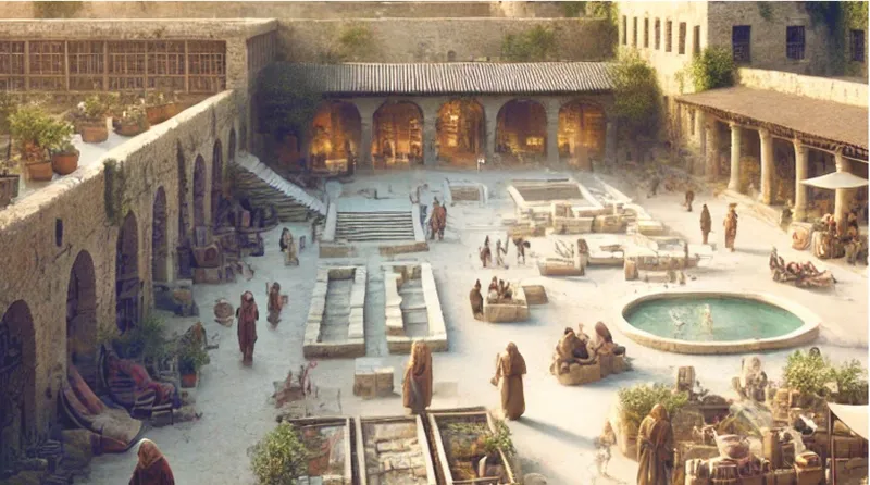Aerial view of the central courtyard with arched colonnades, stepped platforms, a circular fountain and people gathering