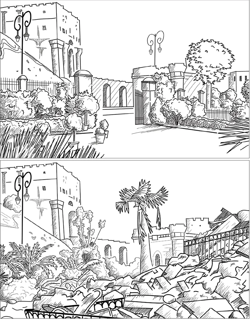 Line drawing showing two perspectives of a landscaped street with planted beds, lampposts and crenellated walls