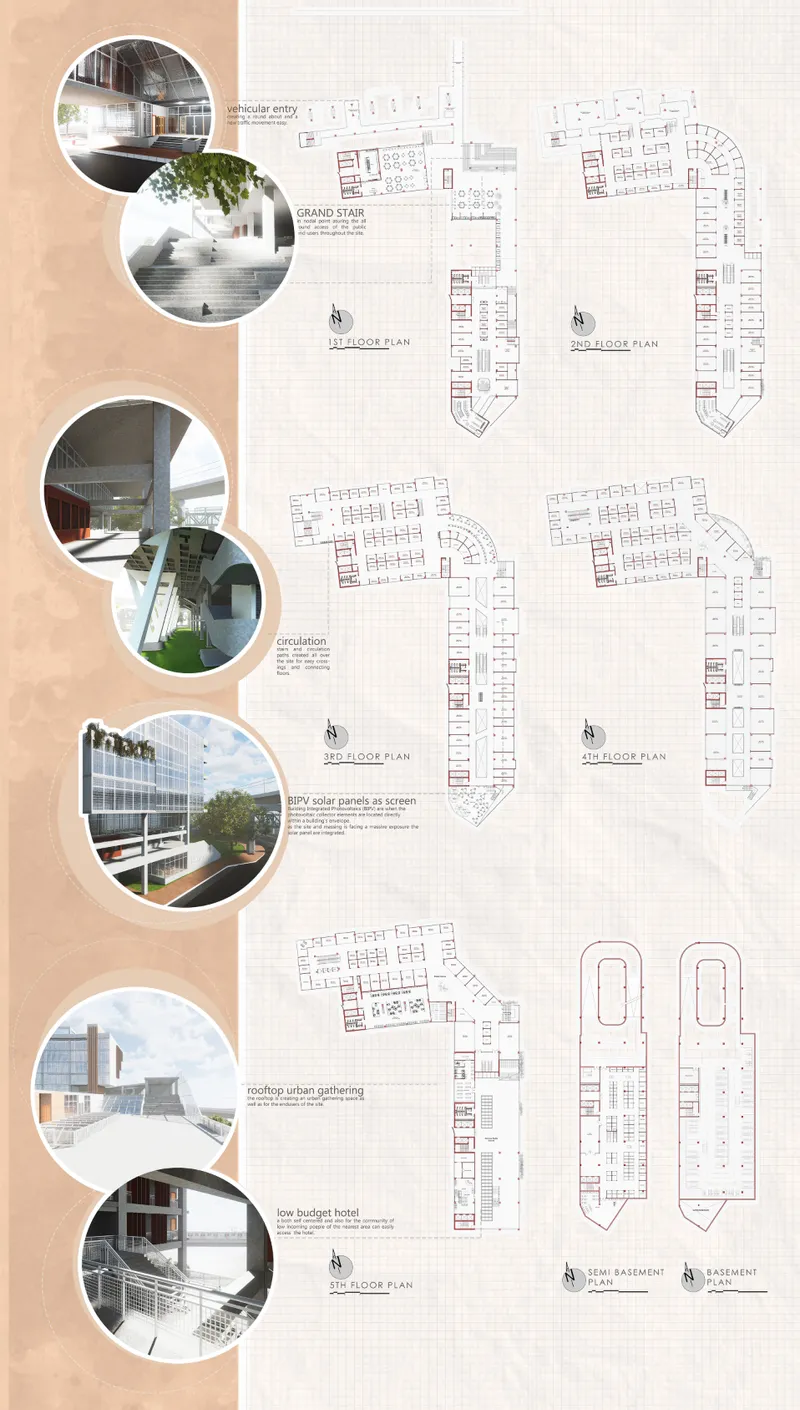 Presentation board showing multiple floor plans alongside circular photograph insets of interior and exterior spaces