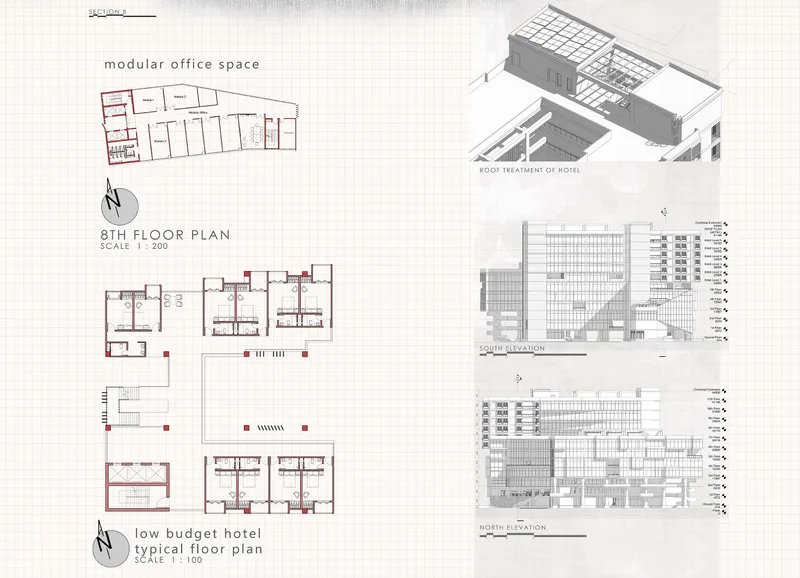 Architectural drawing set showing floor plans, elevations, axonometric view and sections for a hotel complex