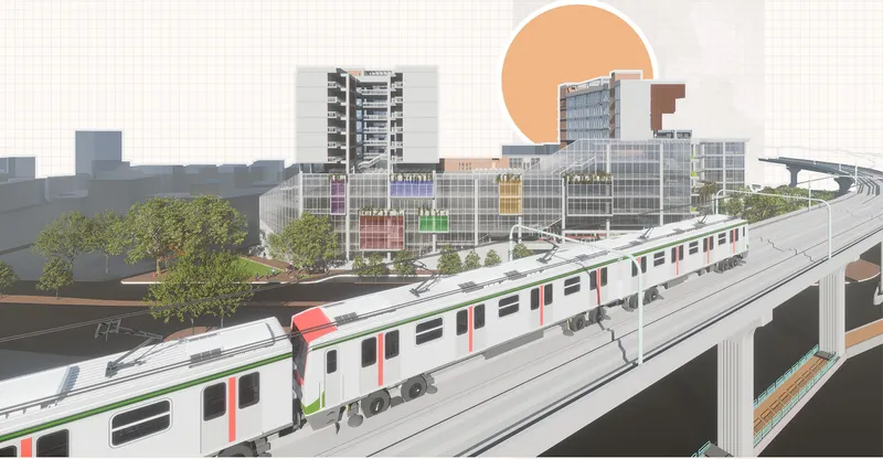 Rendering of an elevated train passing a mixed-use development with residential towers and glazed podium