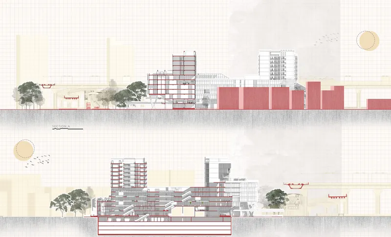 Section drawings depicting the massing and internal organization of a multi-tower development with surrounding context