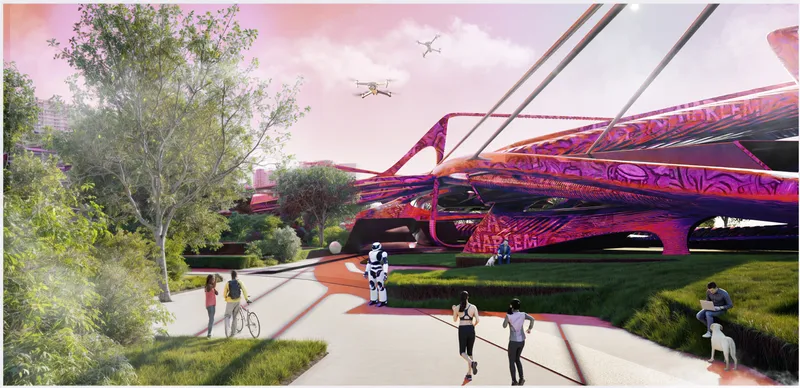 Rendering of pedestrians and cyclists on a pathway beneath an elevated pink lattice structure with drones overhead