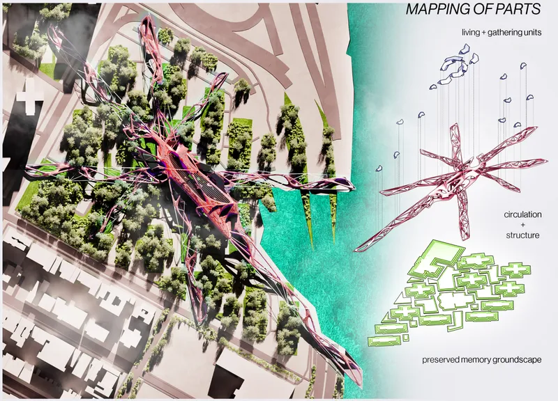 Aerial rendering showing an angular pink pedestrian bridge extending into turquoise water with explanatory diagrams on the right