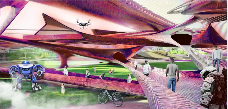 Interior view of fluid structural ribs supporting a canopy above a promenade with people and a futuristic vehicle