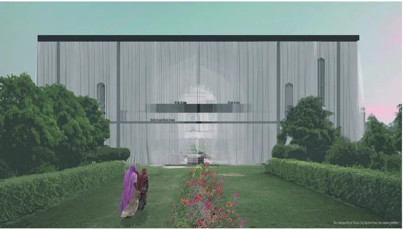 Rendering of a translucent curtain facade enclosing a stepped volume with two visitors in a garden at dusk