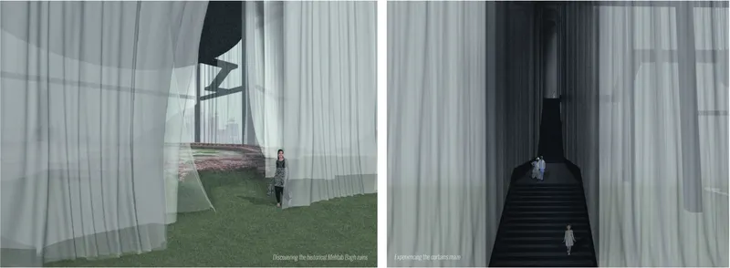 View through layered white curtains revealing a lawn and a dark staircase with a solitary figure