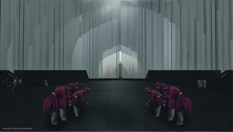 Entrance view showing pairs of kneeling figures in purple robes before a glowing doorway at twilight
