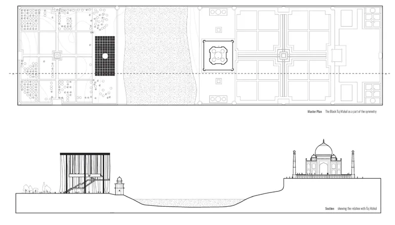 Master plan and section drawing showing the curtained structure in relation to a domed monument across a river