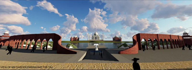 Panoramic rendering of red sandstone arcaded walls flanking central water feature with white monument beyond under blue sky