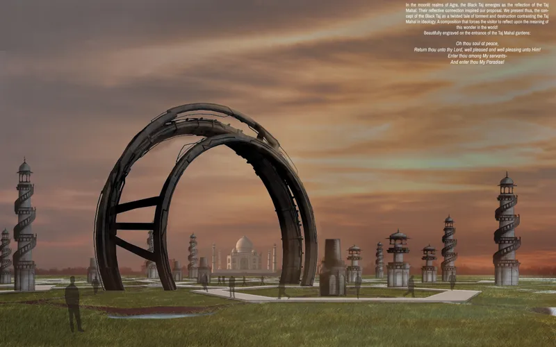 Large arched gate structure framing distant domed buildings and minarets under a sunset sky