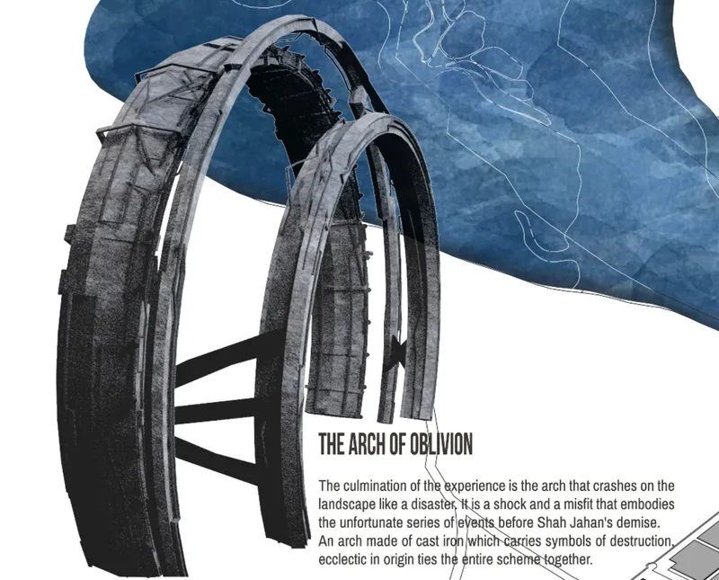 Collage illustration of the weathered arch with cast iron columns against a blue watercolor background