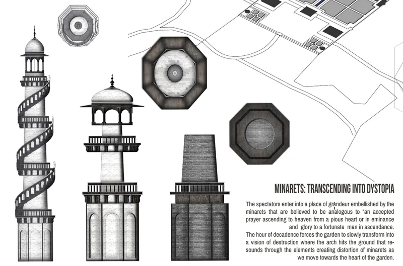 Elevation drawings showing spiral minarets and octagonal pavilion forms with plan details above