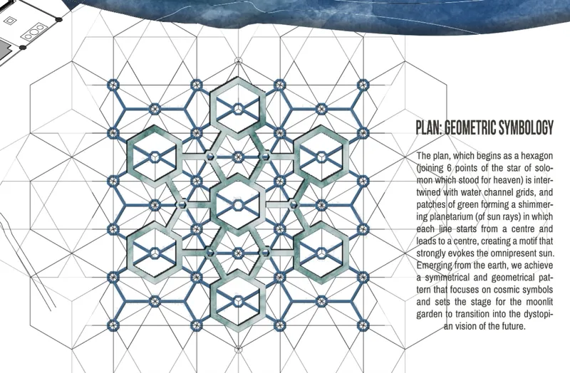 Plan drawing displaying hexagonal geometric pattern with water channels and interwoven star motifs
