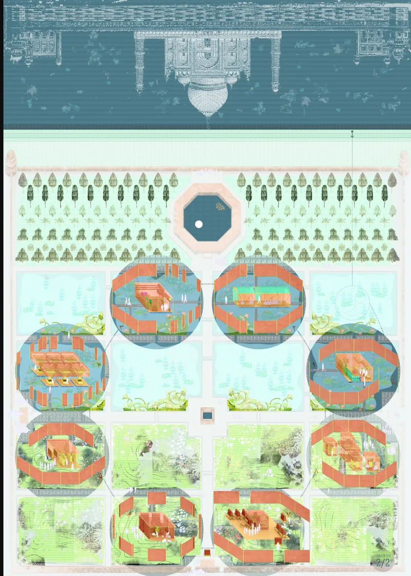 Site plan drawing showing circular pavilions arranged in a grid with a central octagonal pool and tree-lined plaza